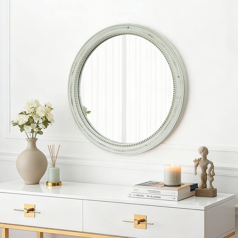 Round Distressed White Wood Beaded Wall Mirror - Natural Wood