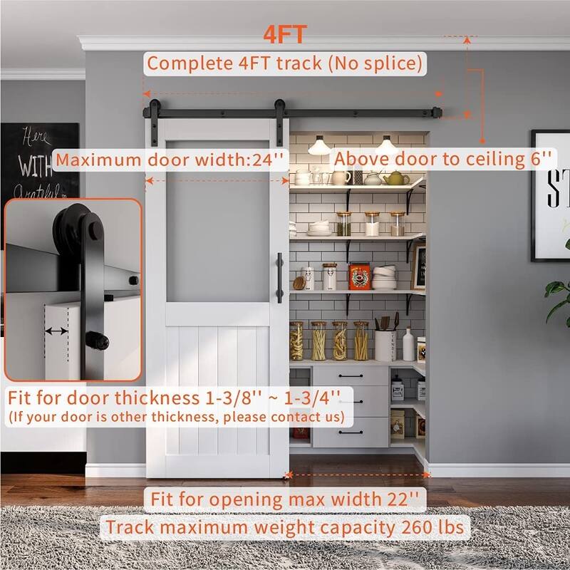 4-14 FT Sliding Barn Door Hardware Track Kit for Single Door I Style Rollers - 4FT