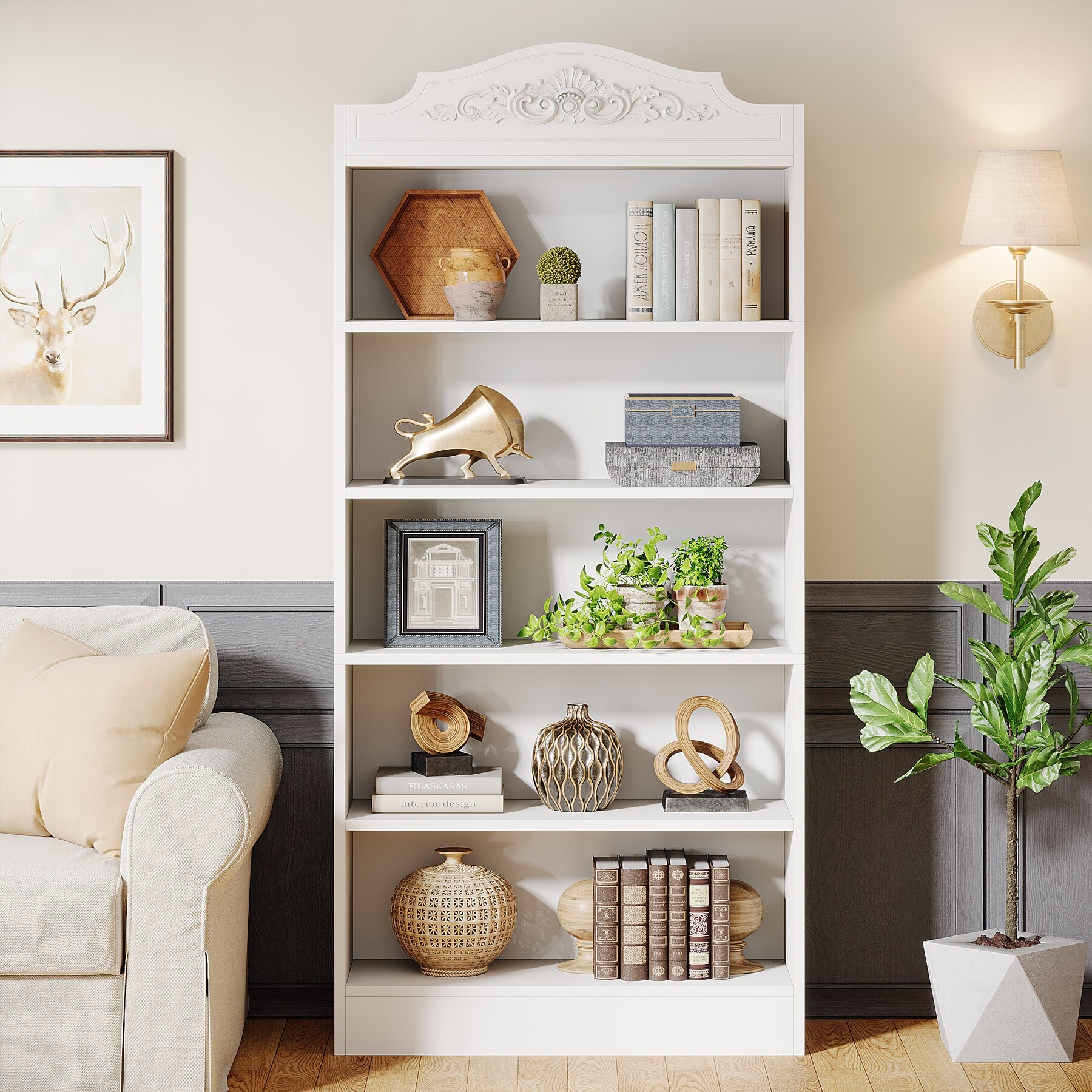 72.8-Inch Tall Bookcase, Modern 5-Tier Bookshelf with Woodcarving