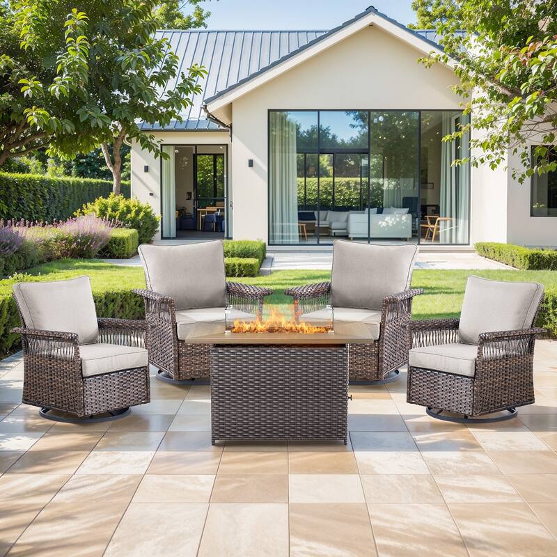 Pocassy 41 in Fire Pit Table with Patio Sofa Chair Funiture - Brown Wicker Beige Cushion - 5-Piece Swivel Chair with Fire Pit Table