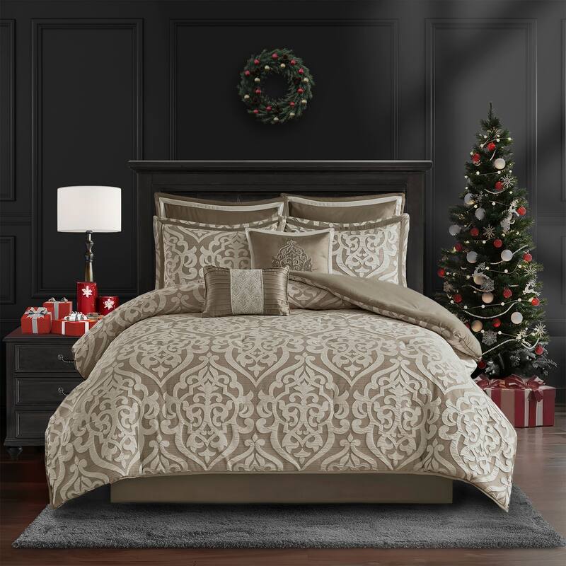 Madison Park Dillon 8 Piece Jacquard Comforter Set - Tan/Ivory - Queen