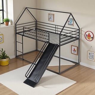 Twin over Twin Metal House Bunk Bed with Convertible Slide and Ladder ...