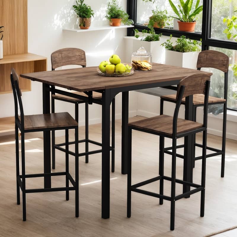 5-Piece Counter Height Drop Leaf, Folding Table and Chairs for 4, Farmhouse 5-Piece Dining Table Set for Living Room Kitchen