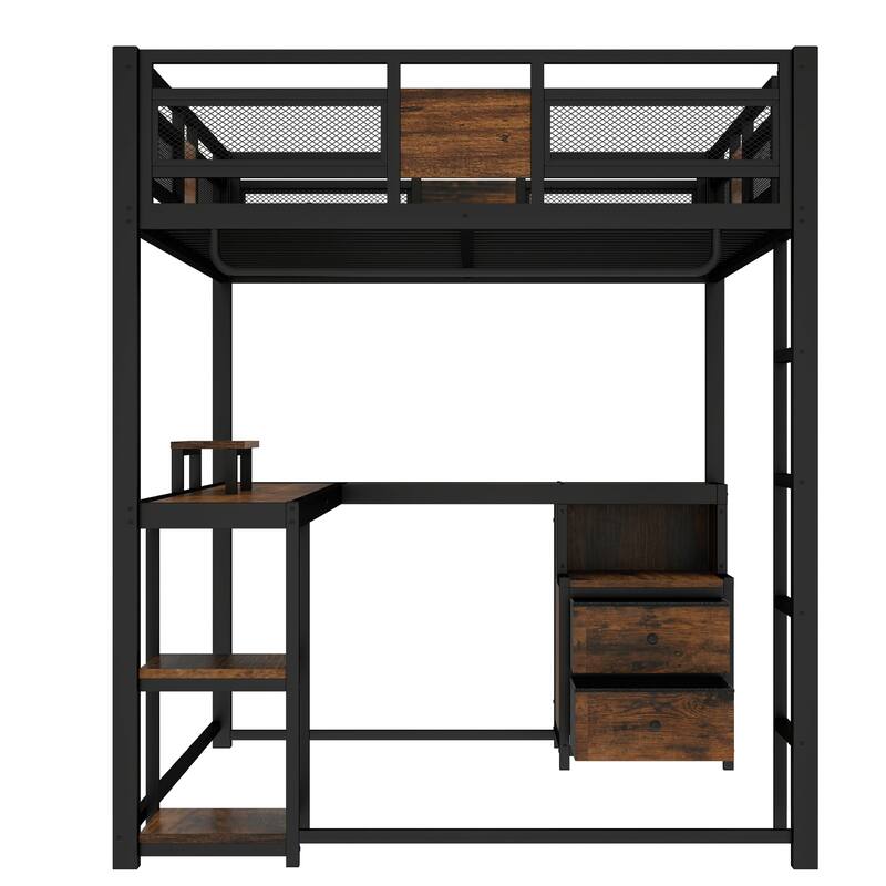 Queen Loft Bed with Desk and Storage Non-woven Fabric Drawers, Metal Loft Bed Frame with Ladders, Nosie-free