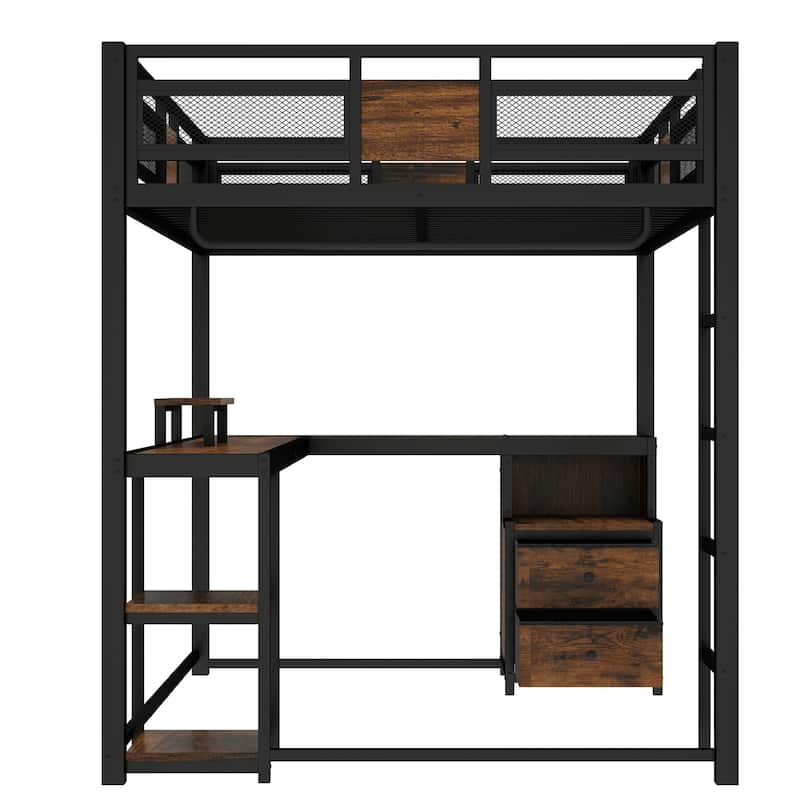 Queen Loft Bed with Desk and Storage Non-woven Fabric Drawers with Ladders, Nosie-free and No Spring Box Needed, Black