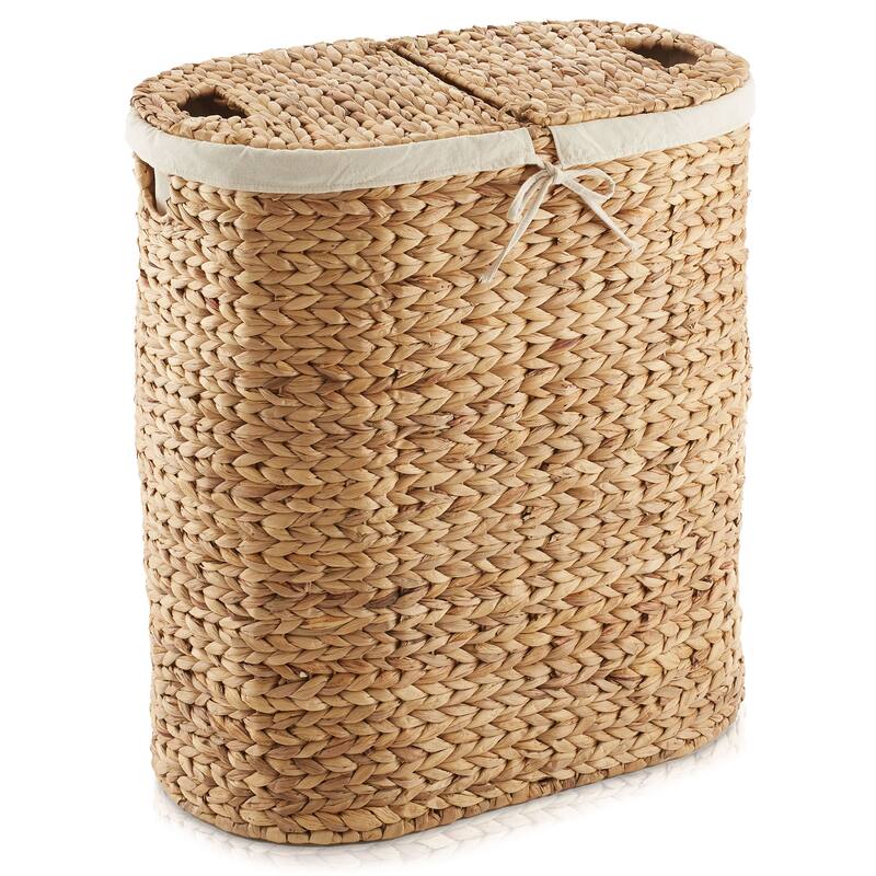 2Section Oval Laundry Hamper Basket w Lids and Liner Bags for Clothes