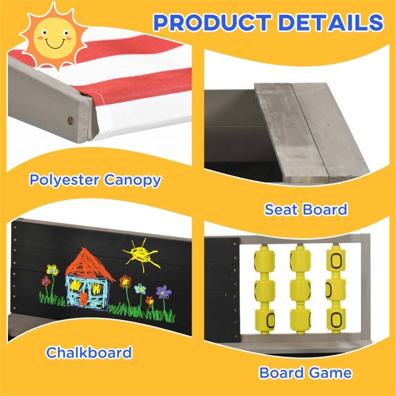 Gray Wooden Kids Sandbox with Adjustable Canopy Bench and Interactive Play Panels for Ages 3 to 7 Years