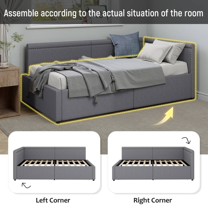 Modern L-Shape Corner Bed, Daybed with 2 Storage Drawers