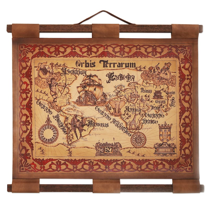NOVICA Handmade Orbis Terrarum Leather Wall Map