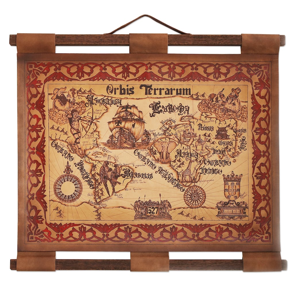 NOVICA Handmade Orbis Terrarum Leather Wall Map