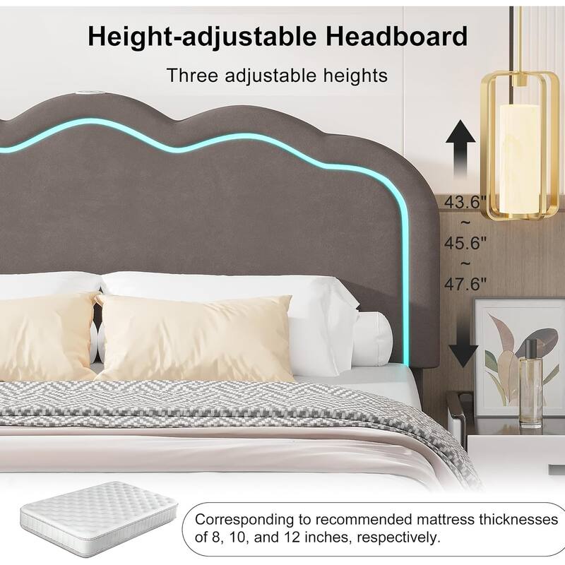 VECELO Upholstered Bed Frame with Headboard Adjustable,LED Lights, USB-A & Type-C,Velvet Platform Bed No Box Spring Needed