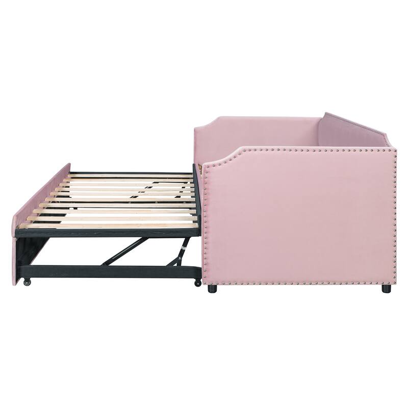 Twin Size Velvet Upholstered Daybed with Pop Up Trundle