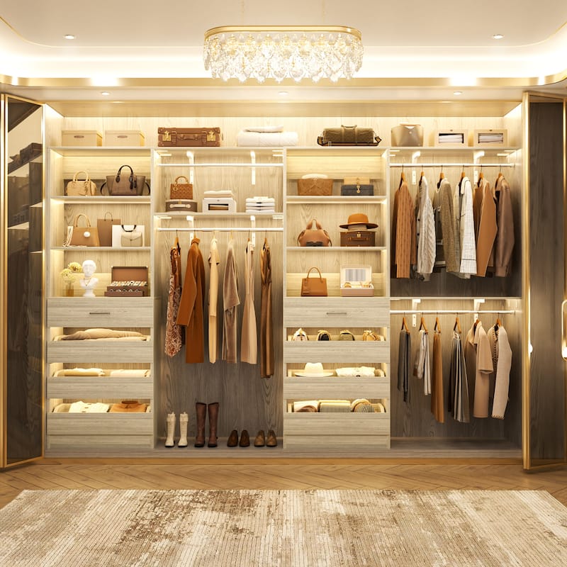 Set of 2 Closet System with Wooden Drawers and Hanging Rods, Closet Organizer with Adjustable Storage Shelves
