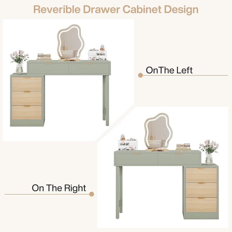 Reversible Wood Computer Desk with 5 Drawers, Small Writing Desk Study Corner Table Workstation for Home Office, Small Spaces