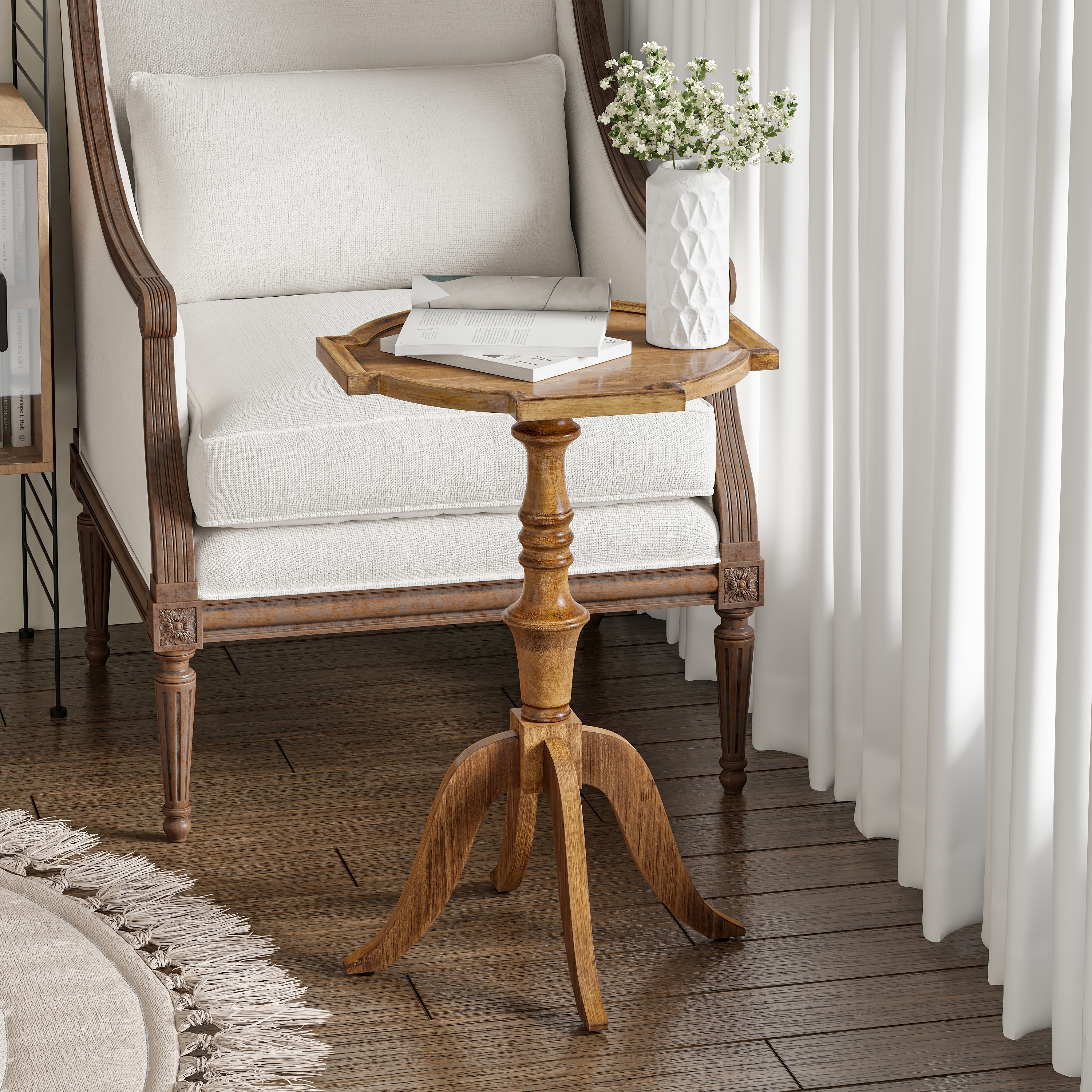 COZAYH Rustic Pedestal Stand Table, Weathered Wood Side Table with Unique Tray Design, Vintage Style End Table