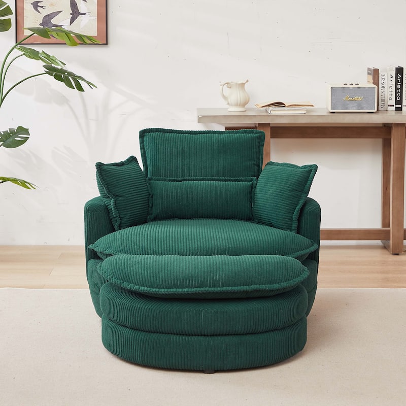 38"W Corduroy Oversized Swivel Chair with moon storage ottoman
