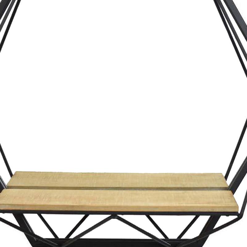 24 Inch Wall Mirror with Shelf, Hexagon Shaped, Metal, Black Finish