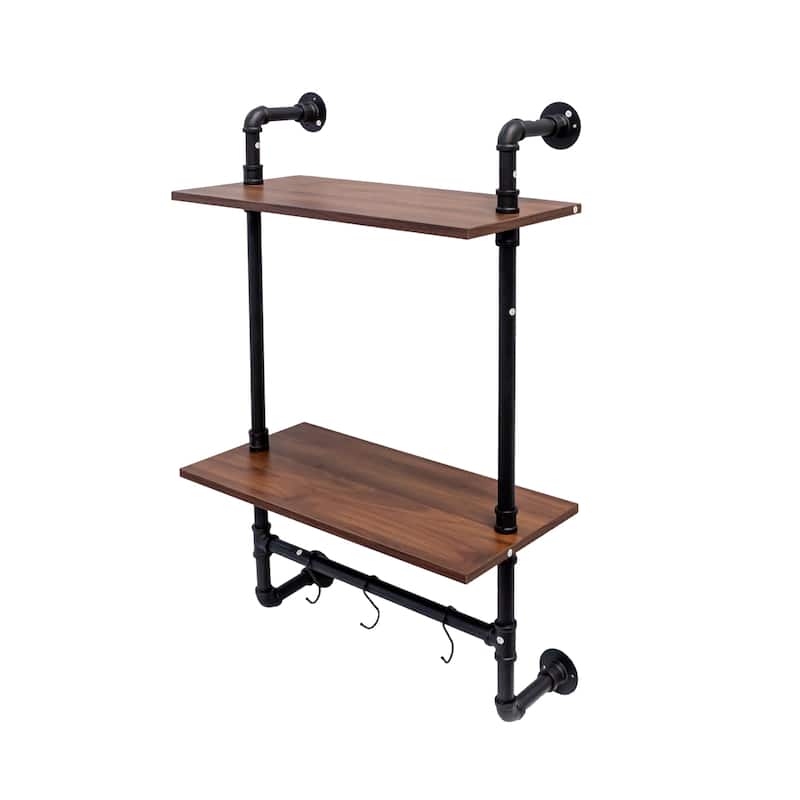 Roomfitters Industrial Pipe Shelf, 3-Tier and 2-Tier Wall Mounted Wooden Display Shelves with Hooks, Walnut