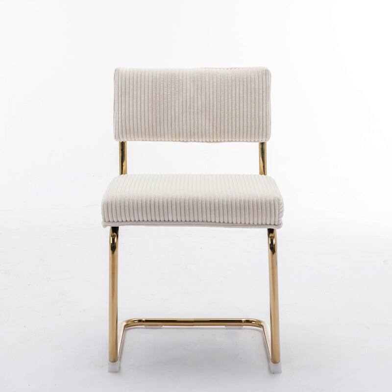 Modern Corduroy Dining Chairs - Gold Metal Base - Armless - Channel Tufting - Set of 2 - Beige