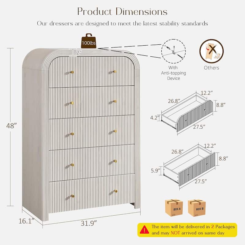 Modern Fluted 5 Drawers Dresser, Wood Chest of Drawers for Bedroom
