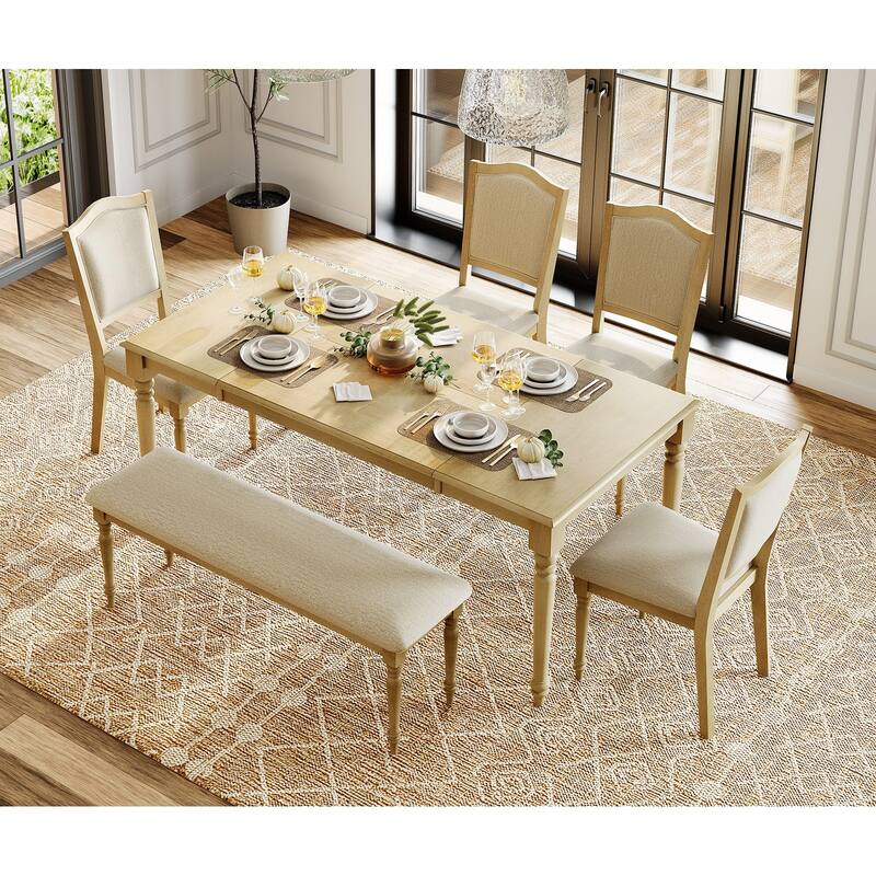 6-Piece Dining Table Set with Bench, Farmhouse Dining Set for 6, Oak