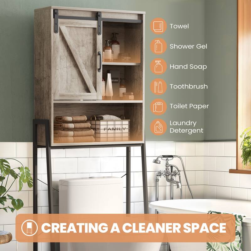 Over The Toilet Storage Cabinet, Bathroom Organizer with Sliding Barn Door & Adjustable Shelves, Storage Rack - See Picture