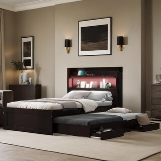 Twin XL Size Platform Bed with Storage LED Headboard, Charging Station, Twin Size Trundle and 2 Drawers