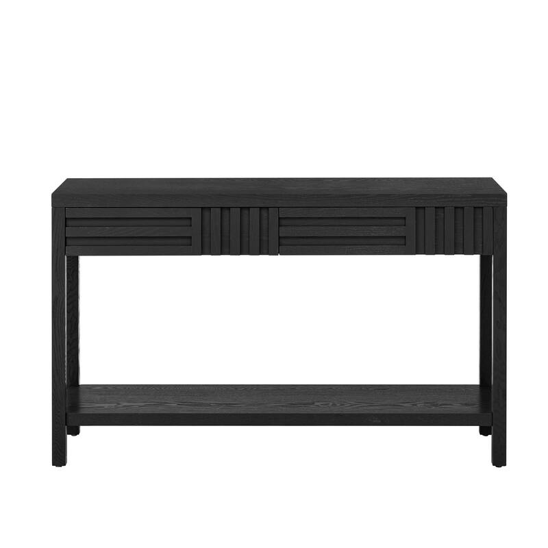 Living Room Wood Entryway Console Table with Striped Design, 51.3" Narrow Long Sofa Table with 2 Drawers and Open Storage Shelf - Black