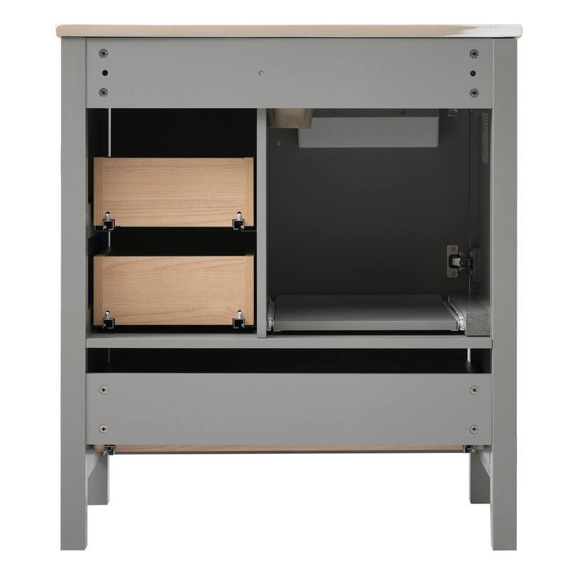30'' Bathroom Vanity with Ceramic Sink, Freestanding Bathroom Vanity Cabinet with Soft Close Door, 3 Drawers and Removable Tray
