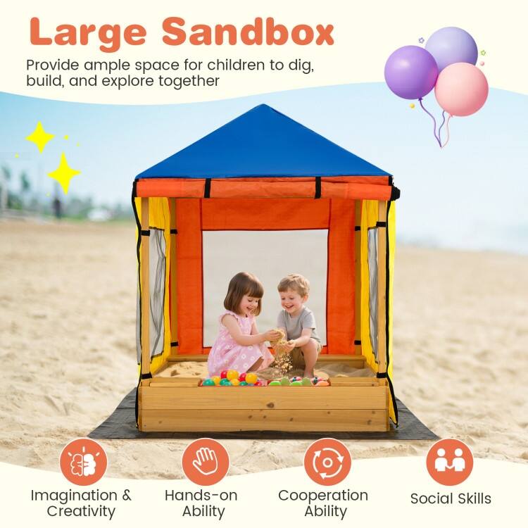 Multicolor PE Wood Kids Sandbox with Canopy, Storage Benches and Ventilated Design - 43.5" x 43.5" x 61" (L x W x H)