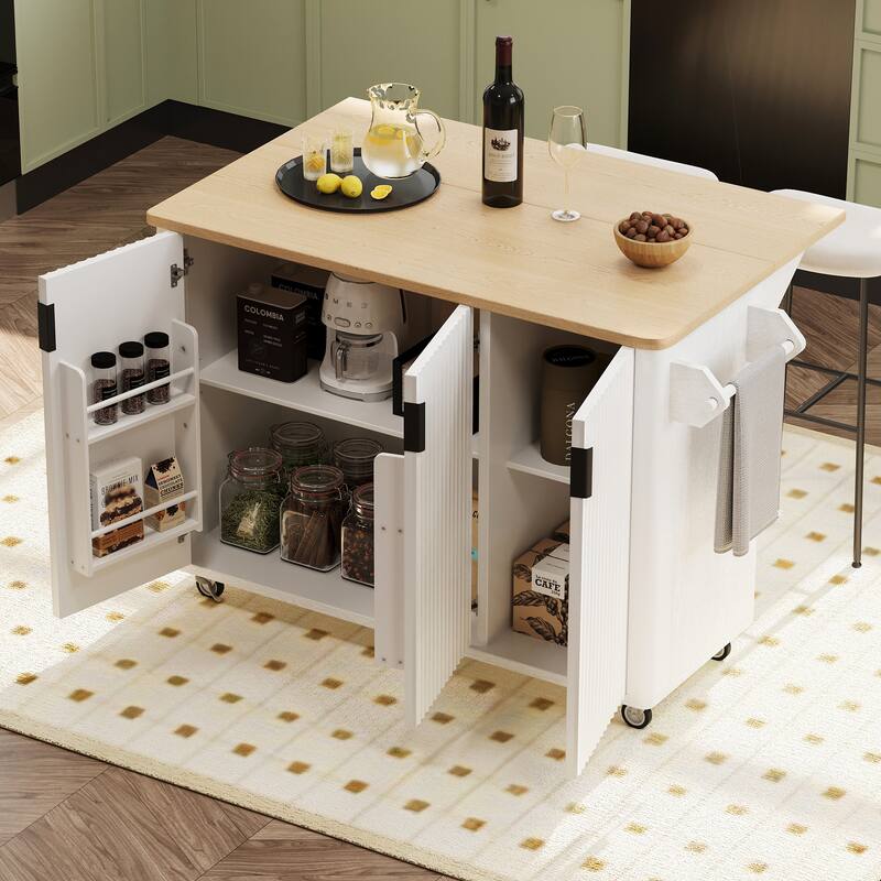 Kitchen Island with Drop Leaf, Farmhouse Kitchen Island on Wheels with Internal Storage Rack, Towel Rack for Kitchen