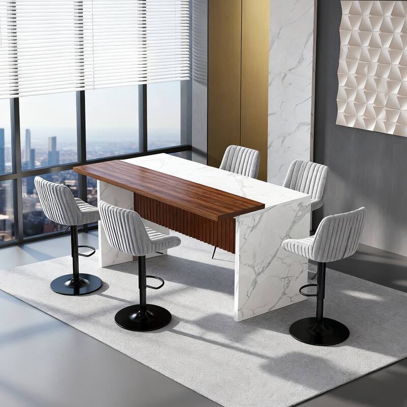 63" Kitchen Island with Marble Look Surface, LED Lights & Grille Design