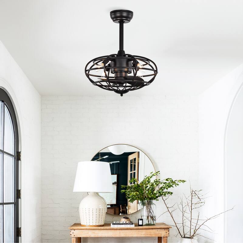 Cage Style Ceiling Fan Light with 3 Blades and Remote Control, Adjustable Fan Speed for Bedroom and Living Room - Matte Black