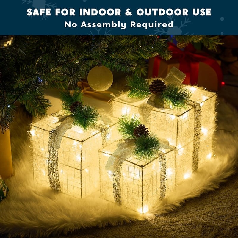 Christmas Lighted Gift Boxes - Set of 3 Iridescent Present Boxes for Indoor Holiday Décor