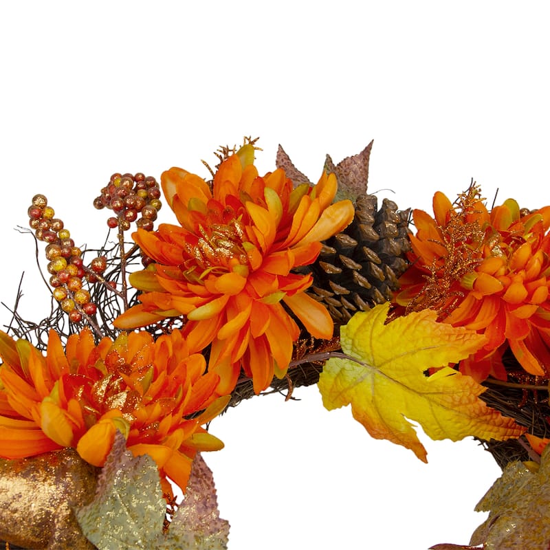 Autumn Harvest Orange Cactus Mums with Brown Acorns Artificial Grapevine Wreath - 22-Inch Unlit - N/A