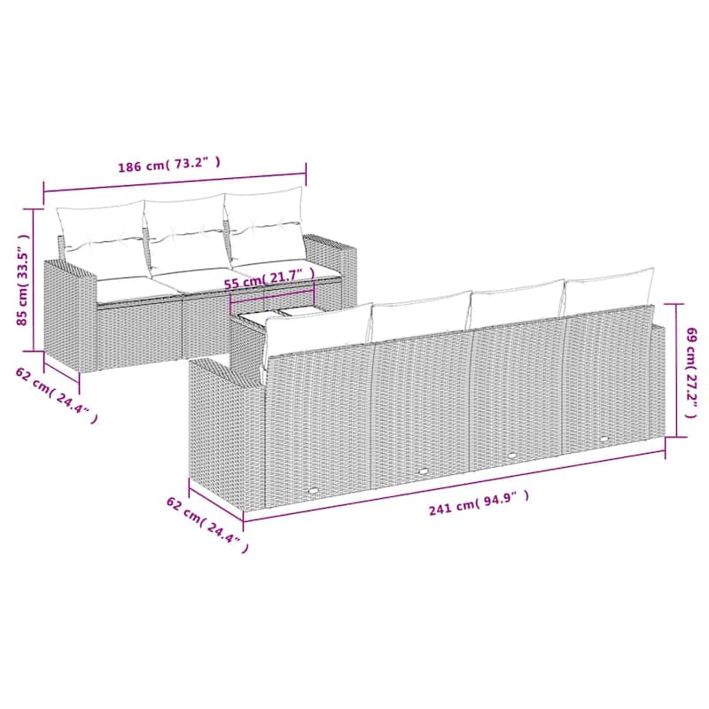 vidaXL Patio Sofa Set with Cushions Outdoor Furniture 8 Piece Poly Rattan - 25.8" x 24.4" x 27.2"