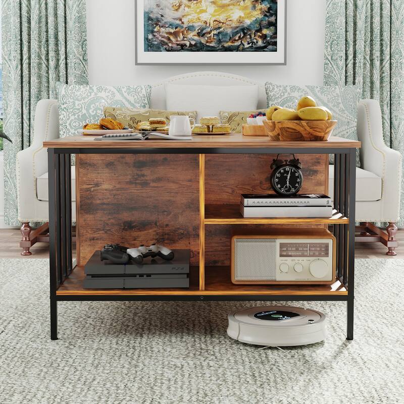 Lift Top Coffee Table with Hidden Storage, Accent Table with Adjustable Height, Center Table with 3 Shelves
