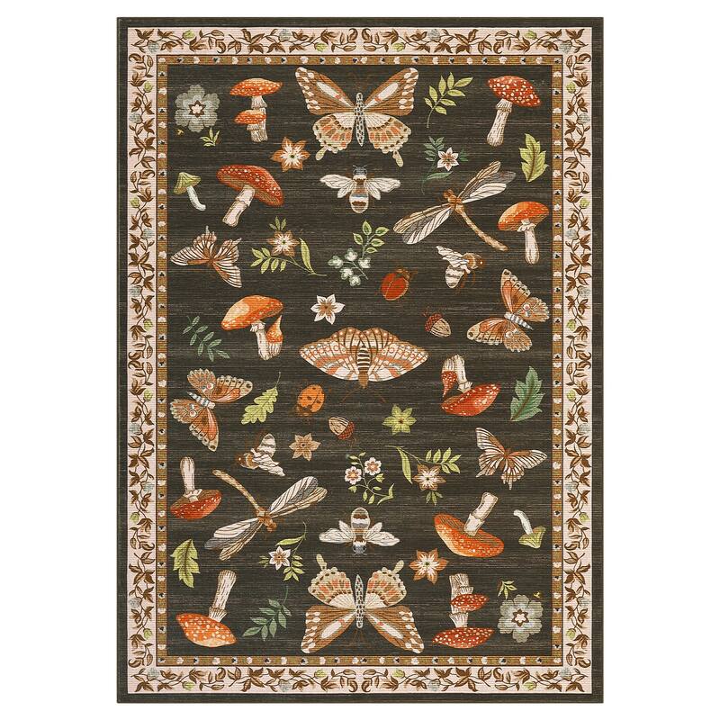 Area Rugs for Living Room Modern Insect Rug Mushroom Pattern Rug Soft Washable Non Slip Low Pile Rug