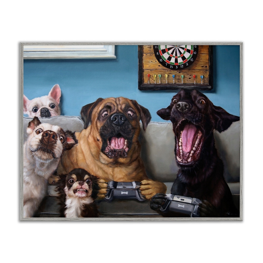 Stupell Funny Dogs Playing Video Games Livingroom Pet Portrait Framed Wall Art - Blue