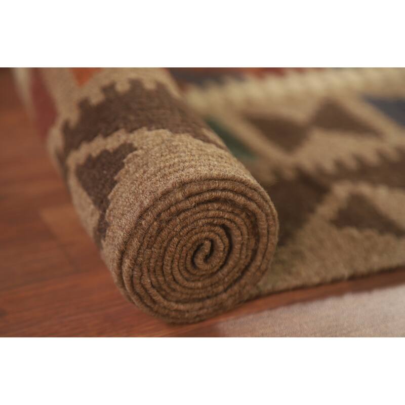 Hand Woven Oriental 100% Wool Carpet Southwestern Geometric Multi-Colored Kilim Area Rug - 9' 4'' X 6' 9''