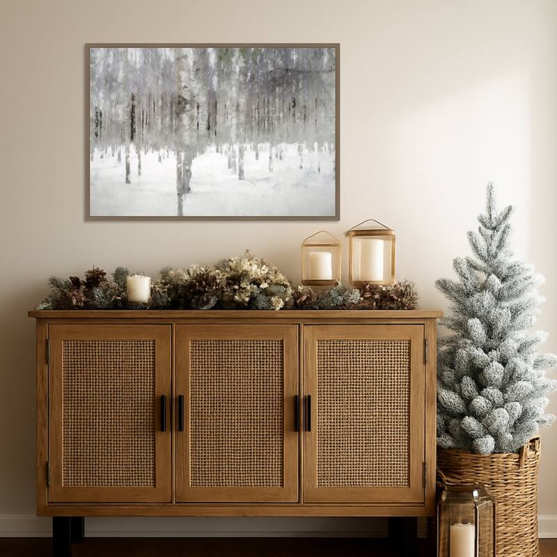 Birches In Fog by Kim Curinga Framed Canvas Wall Art Print - Sylvie Dark Gold