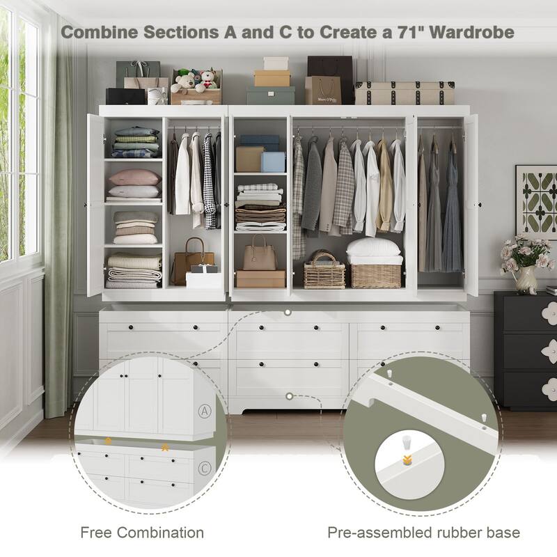 Gyomojoy Large White Wardrobe Closet with Drawers & Doors, Modular Armoire with Hanging Rods, Apartment & Dorm Storage