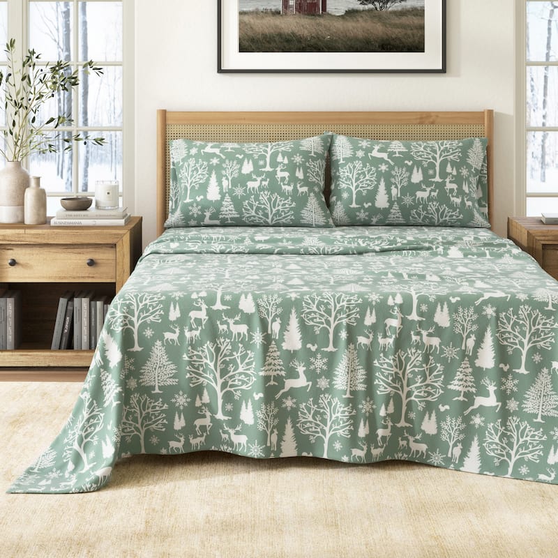 Linery & Co. Ultra-Soft Turkish Cotton Flannel Lodge Print Sheet Set - Twin - Enchanted Woods - Sage Green