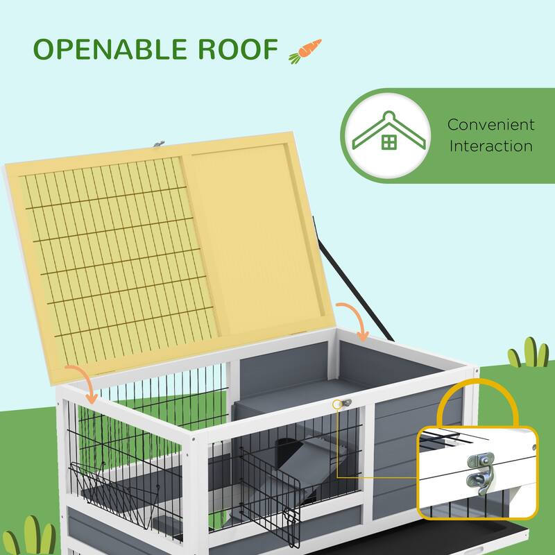 White and Grey Double-Decker Bunny Hutch with Ramps Tray and for Small Animals - 35.5" L x 20.75" W x 38.25" H