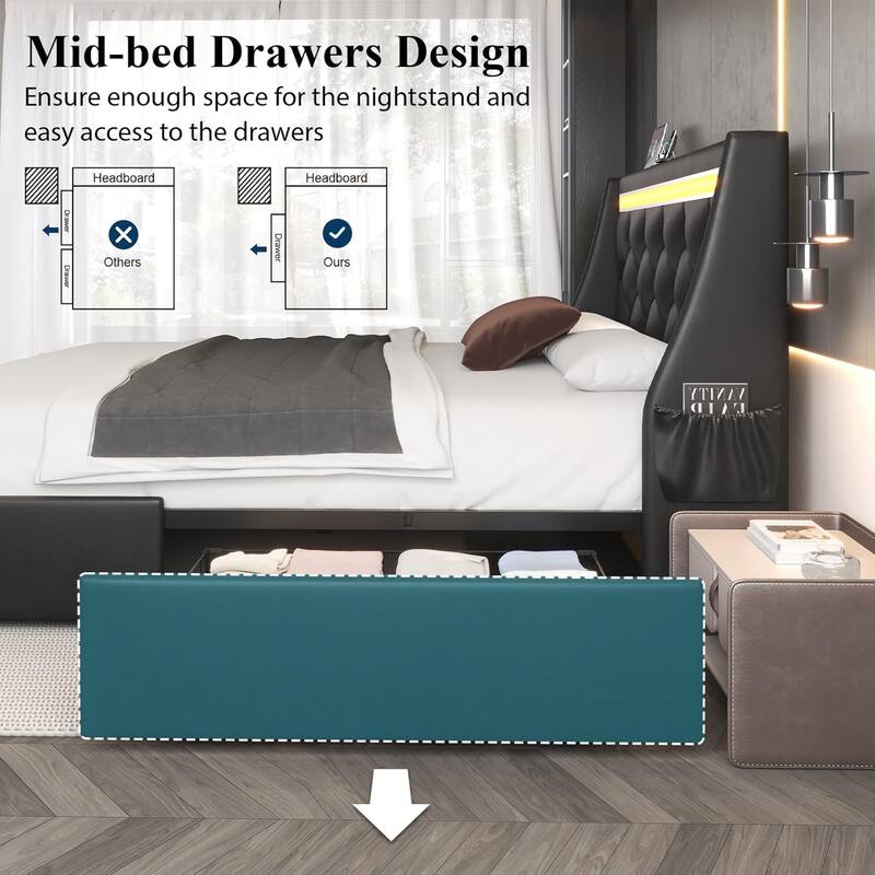 Queen Bed Frame with LED Lights, Upholstered Bed Frame with Charging Station, Platform Bed with Diamond Headboard, Wooden Slats