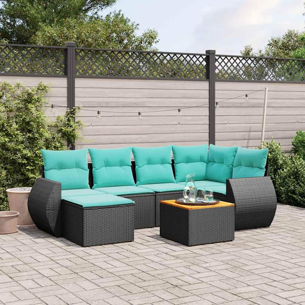 vidaXL 7 Piece Patio Sofa Set with Cushions Black Poly Rattan - 24.4x 24.4x 27.2