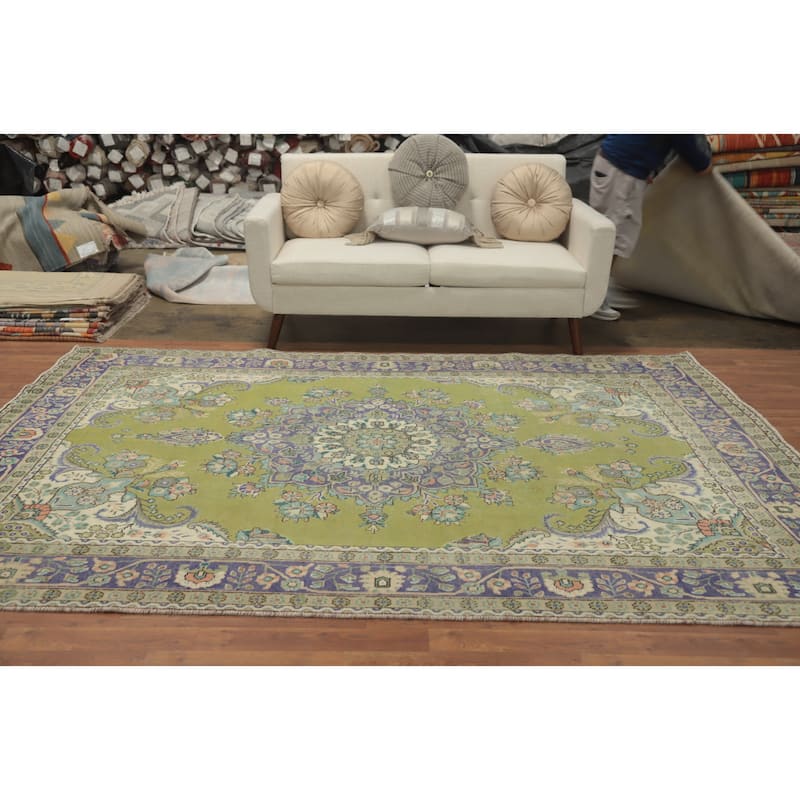 Hand Knotted Oriental 100% Wool Carpet Traditional Floral Green Tabriz Area Rug - 9' 5'' X 6' 5''