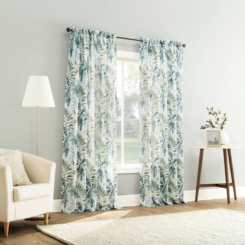 No. 918 Fiona Foliage Print Crushed Voile Sheer Rod Pocket 1-Piece Curtain Panel, Single Panel