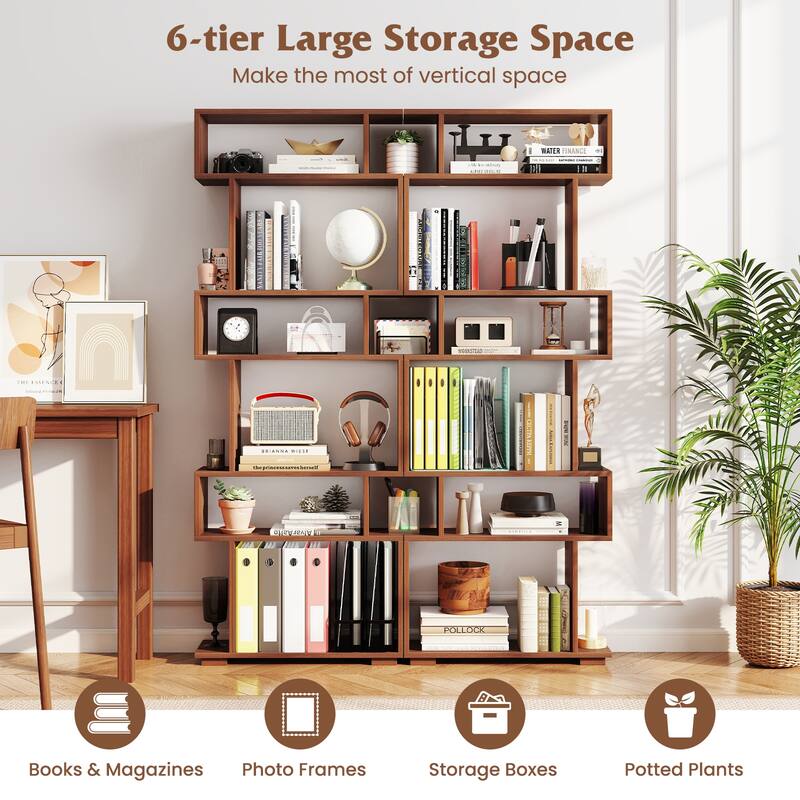 Gymax 2PCS 6-Tier Bookshelf Geometric Bookcase w/ 2 Anti-Tipping Kits