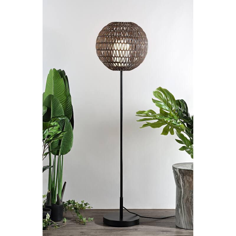 Han 61" Outdoor Woven Globe LED Floor Lamp, Coffee/Black by JONATHAN Y